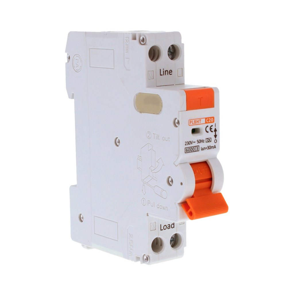 RCBO Interruttore Magnetotermico Differenziale Tipo A Curva C 1P+N 1M 6000A 30mA C20A AC 230V IP20 IEC61009-1
