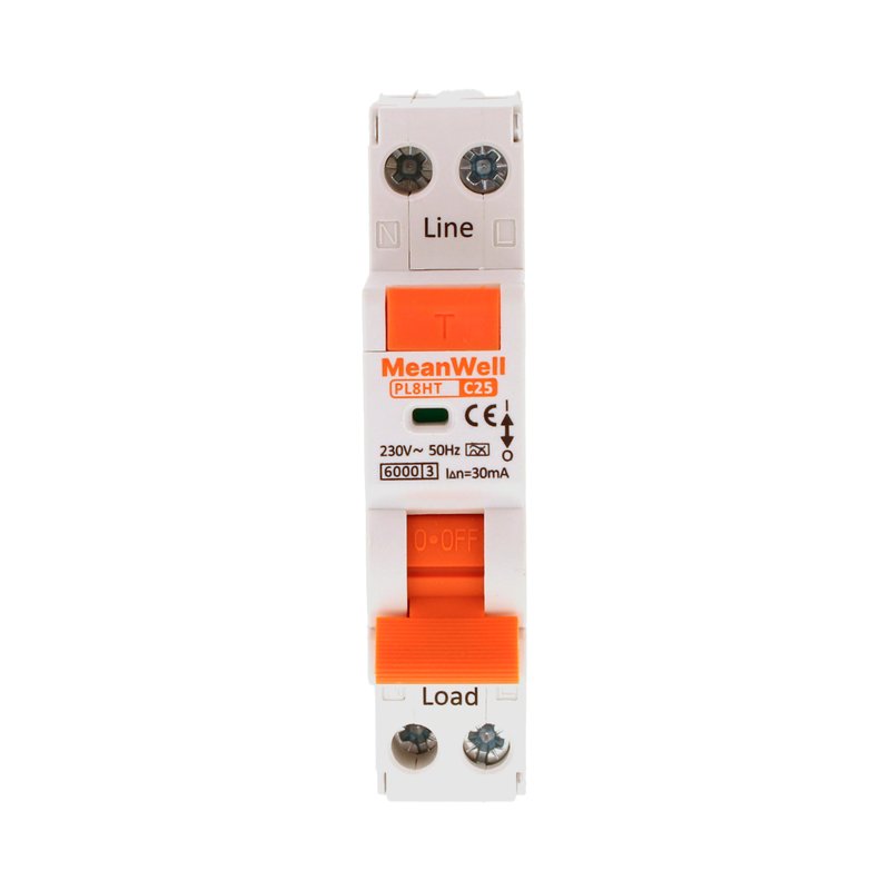 MeanWell RCBO Interruttore Magnetotermico Differenziale Tipo A Curva C 1P+N 1M 6000A 30mA C25A AC 230V IP20 IEC61009-1
