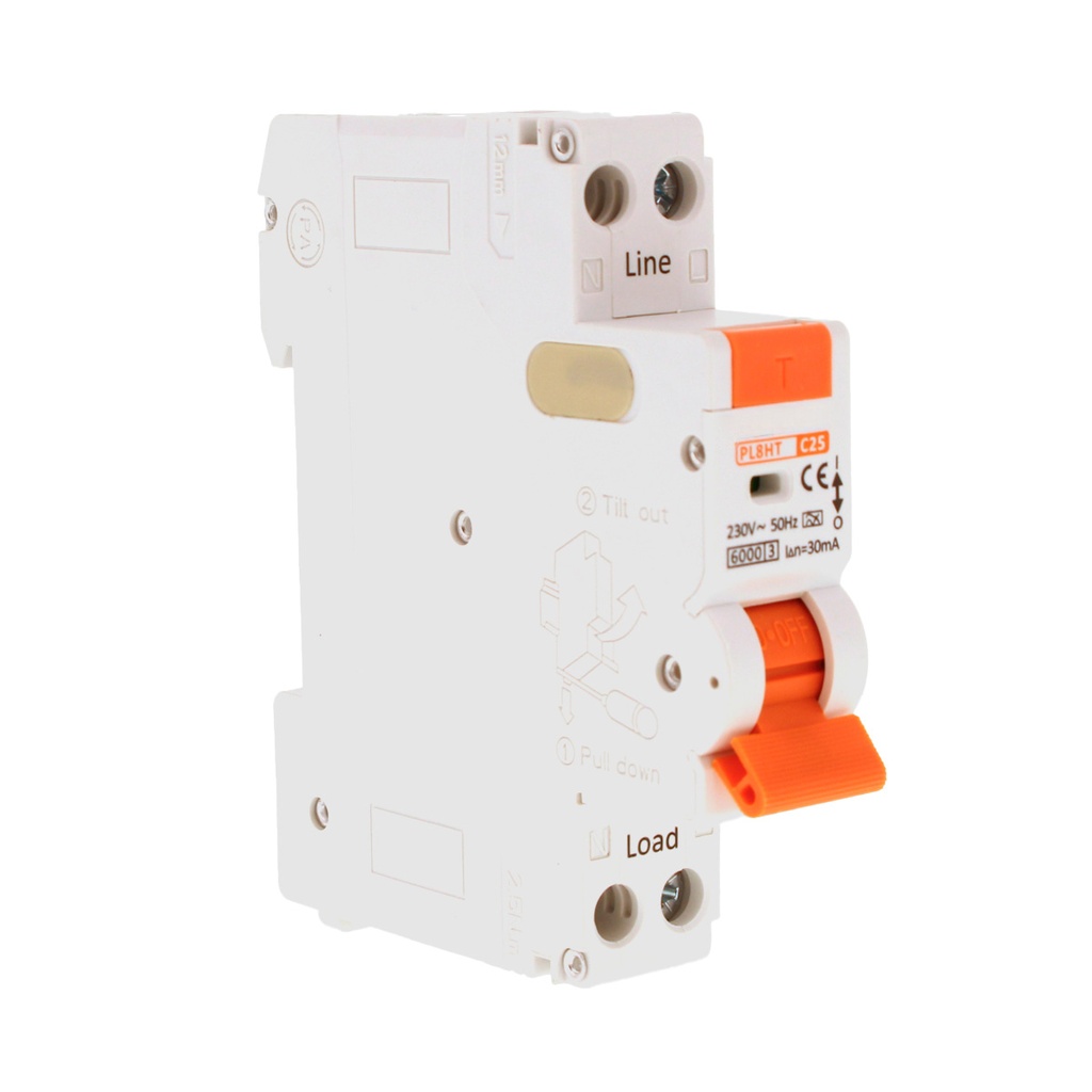 RCBO Interruttore Magnetotermico Differenziale Tipo A Curva C 1P+N 1M 6000A 30mA C25A AC 230V IP20 IEC61009-1