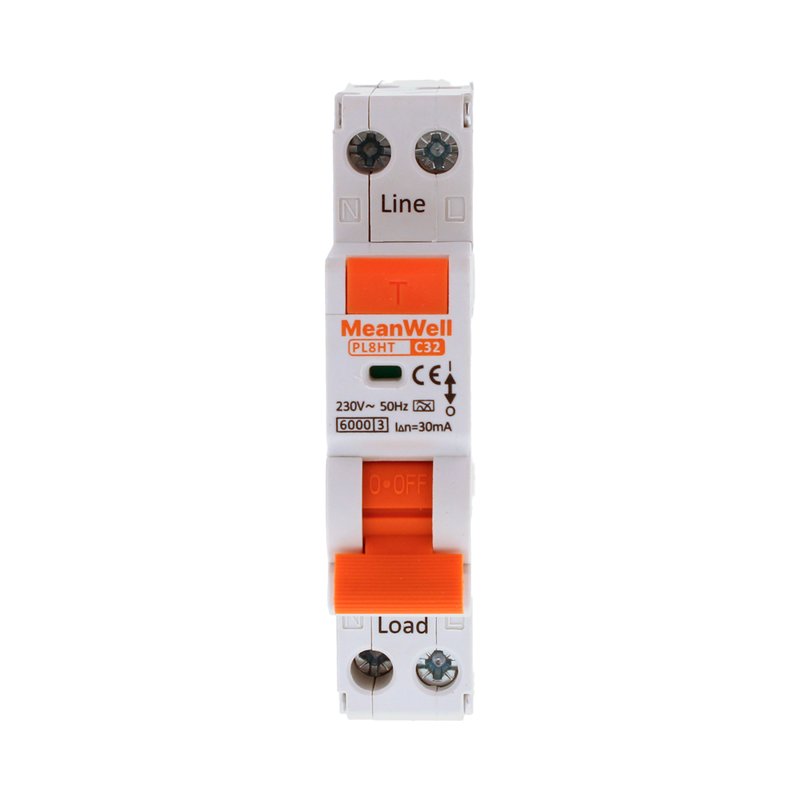 MeanWell RCBO Interruttore Magnetotermico Differenziale Tipo A Curva C 1P+N 1M 6000A 30mA C32A AC 230V IP20 IEC61009-1