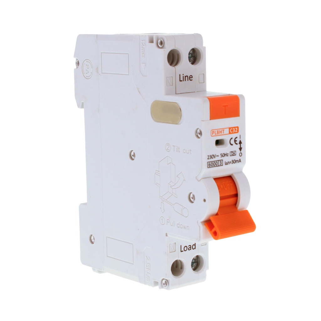 RCBO Interruttore Magnetotermico Differenziale Tipo A Curva C 1P+N 1M 6000A 30mA C32A AC 230V IP20 IEC61009-1