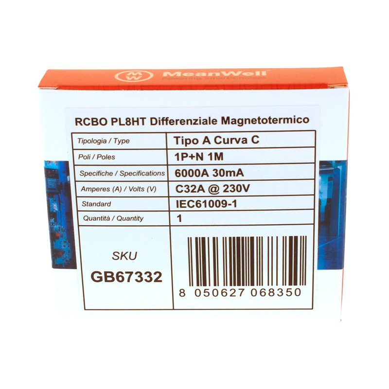 MeanWell RCBO Interruttore Magnetotermico Differenziale Tipo A Curva C 1P+N 1M 6000A 30mA C32A AC 230V IP20 IEC61009-1