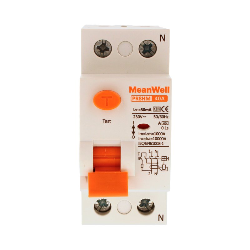 MeanWell RCCB Interruttore Differenziale Puro Tipo A 1P+N 2M 10000A 30mA 40A AC 230V IP20 IEC61008-1