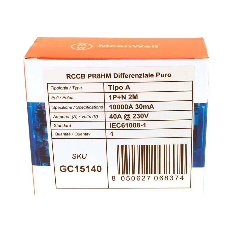 MeanWell RCCB Interruttore Differenziale Puro Tipo A 1P+N 2M 10000A 30mA 40A AC 230V IP20 IEC61008-1