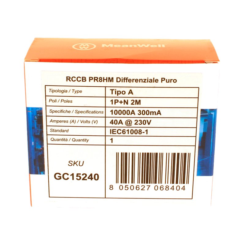 MeanWell RCCB Interruttore Differenziale Puro Tipo A 1P+N 2M 10000A 300mA 40A AC 230V IP20 IEC61008-1
