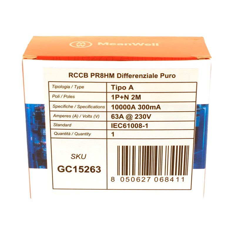 MeanWell RCCB Interruttore Differenziale Puro Tipo A 1P+N 2M 10000A 300mA 63A AC 230V IP20 IEC61008-1