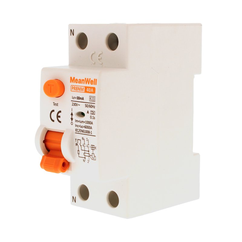 MeanWell RCCB Interruttore Differenziale Puro Tipo A 1P+N 2M 6000A 30mA 40A AC 230V IP20 IEC61008-1
