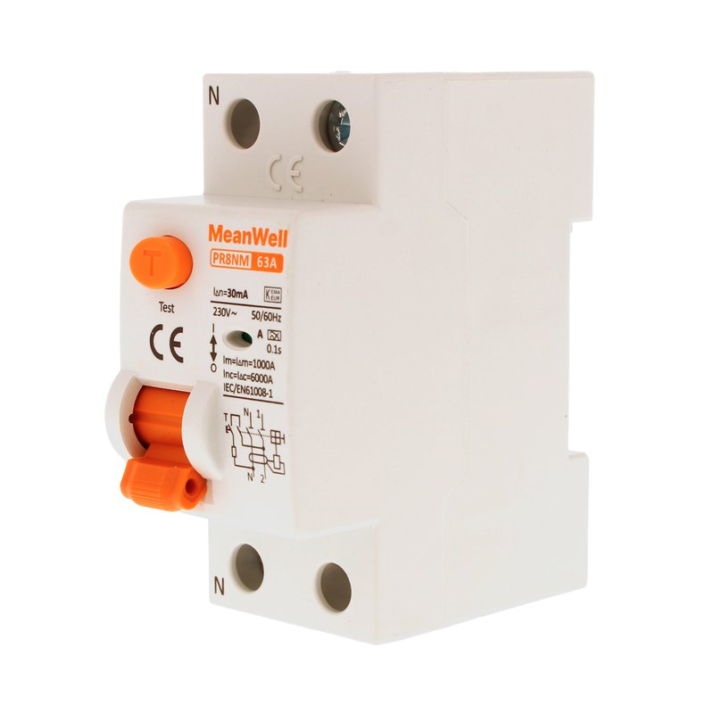 MeanWell RCCB Interruttore Differenziale Puro Tipo A 1P+N 2M 6000A 30mA 63A AC 230V IP20 IEC61008-1