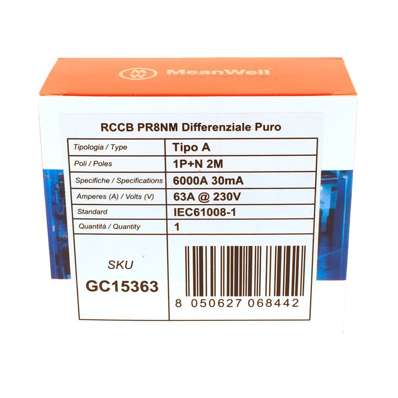 MeanWell RCCB Interruttore Differenziale Puro Tipo A 1P+N 2M 6000A 30mA 63A AC 230V IP20 IEC61008-1