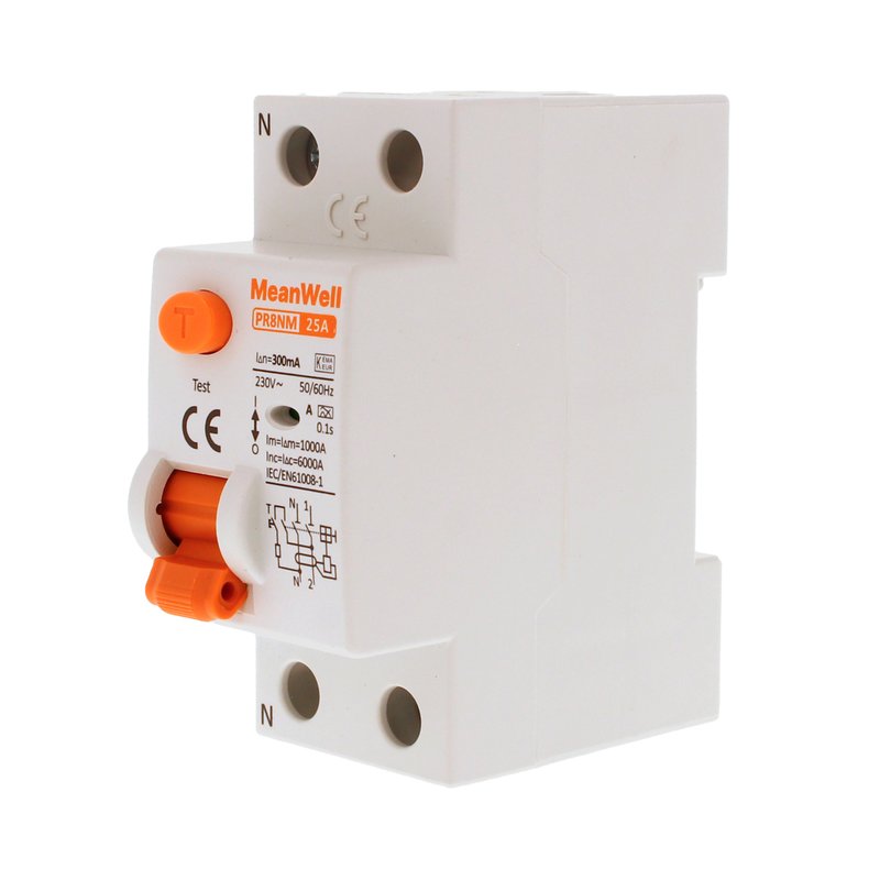 MeanWell RCCB Interruttore Differenziale Puro Tipo A 1P+N 2M 6000A 300mA 25A AC 230V IP20 IEC61008-1