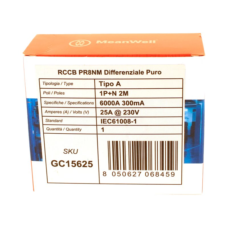 MeanWell RCCB Interruttore Differenziale Puro Tipo A 1P+N 2M 6000A 300mA 25A AC 230V IP20 IEC61008-1