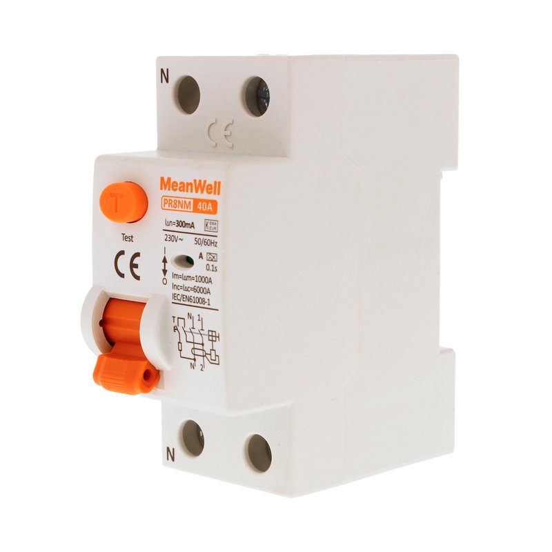 MeanWell RCCB Interruttore Differenziale Puro Tipo A 1P+N 2M 6000A 300mA 40A AC 230V IP20 IEC61008-1