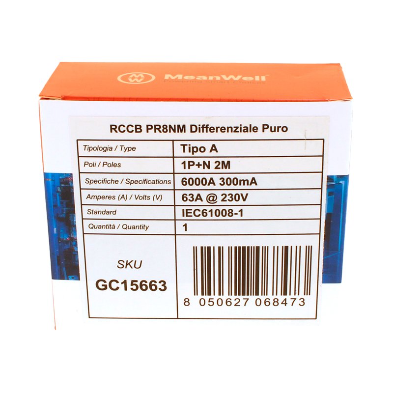 MeanWell RCCB Interruttore Differenziale Puro Tipo A 1P+N 2M 6000A 300mA 63A AC 230V IP20 IEC61008-1