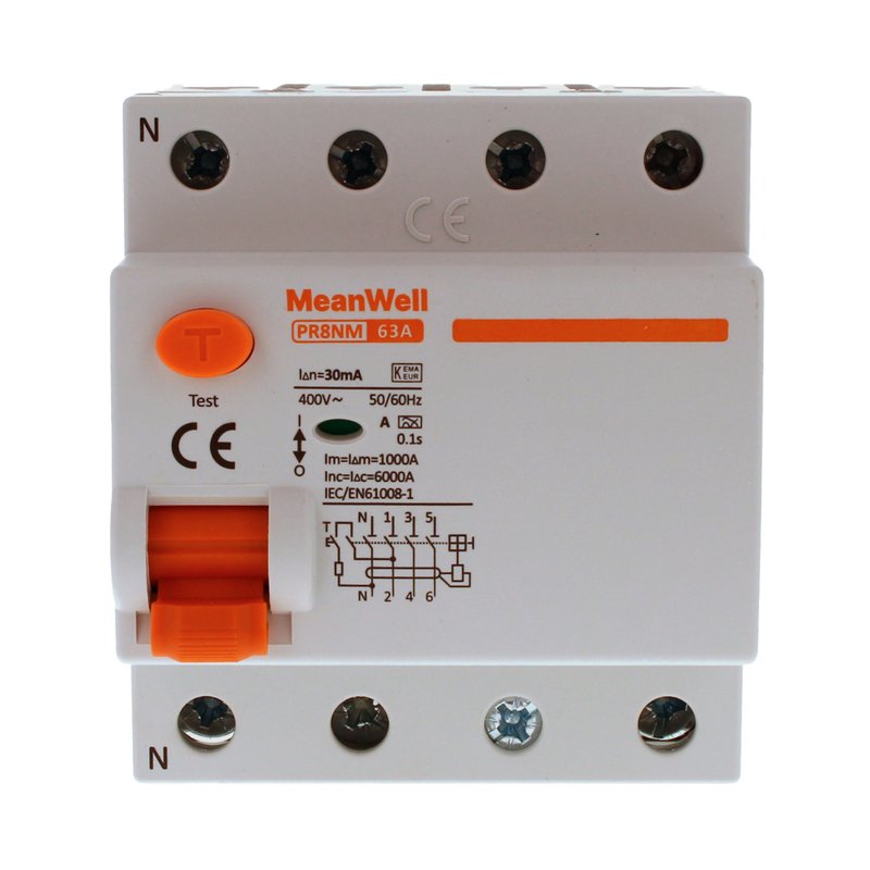 MeanWell RCCB Interruttore Differenziale Puro Tipo A 3P+N 4M 6000A 30mA 63A AC 400V IP20 IEC61008-1