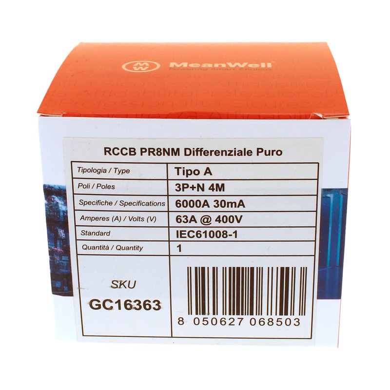 MeanWell RCCB Interruttore Differenziale Puro Tipo A 3P+N 4M 6000A 30mA 63A AC 400V IP20 IEC61008-1