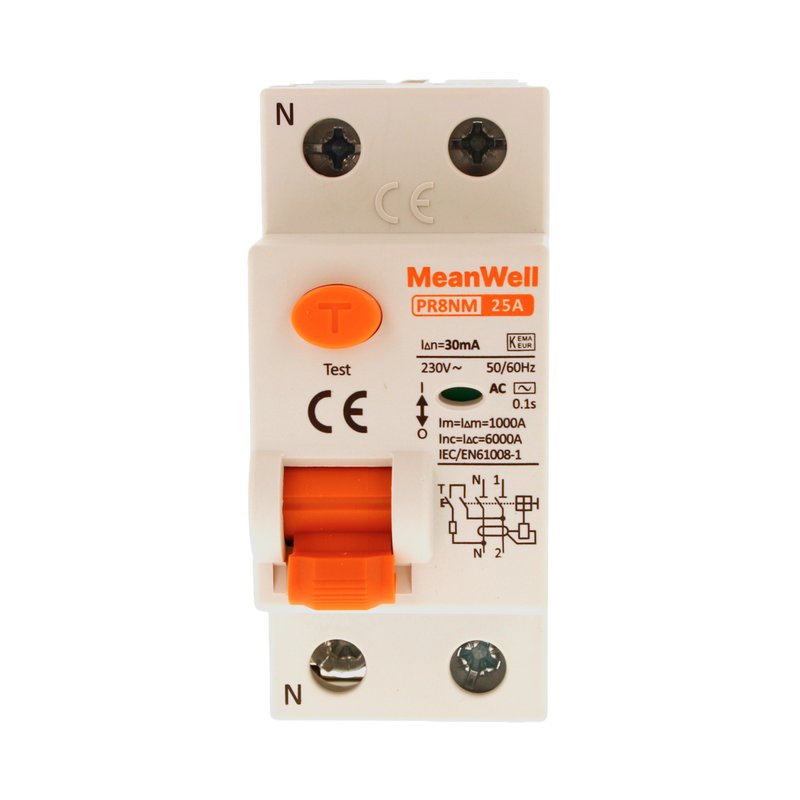 MeanWell RCCB Interruttore Differenziale Puro Tipo AC 1P+N 2M 6000A 30mA 25A AC 230V IP20 IEC61008-1