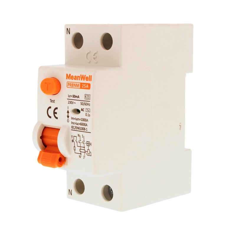 MeanWell RCCB Interruttore Differenziale Puro Tipo AC 1P+N 2M 6000A 30mA 25A AC 230V IP20 IEC61008-1