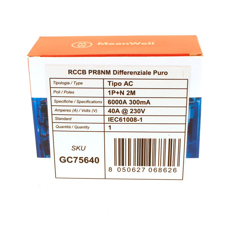 MeanWell RCCB Interruttore Differenziale Puro Tipo AC 1P+N 2M 6000A 300mA 40A AC 230V IP20 IEC61008-1