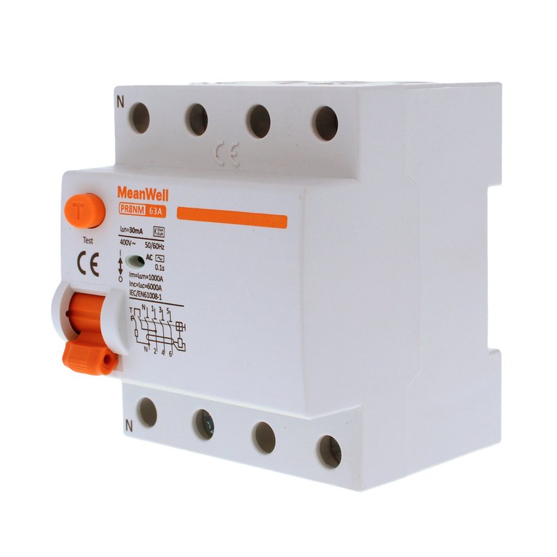 MeanWell RCCB Interruttore Differenziale Puro Tipo AC 3P+N 4M 6000A 30mA 63A AC 400V IP20 IEC61008-1