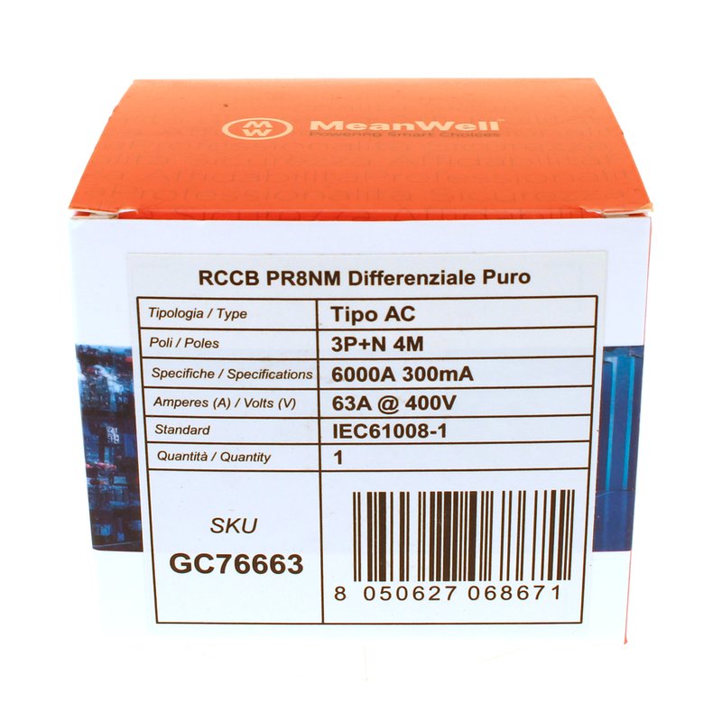 MeanWell RCCB Interruttore Differenziale Puro Tipo AC 3P+N 4M 6000A 300mA 63A AC 400V IP20 IEC61008-1