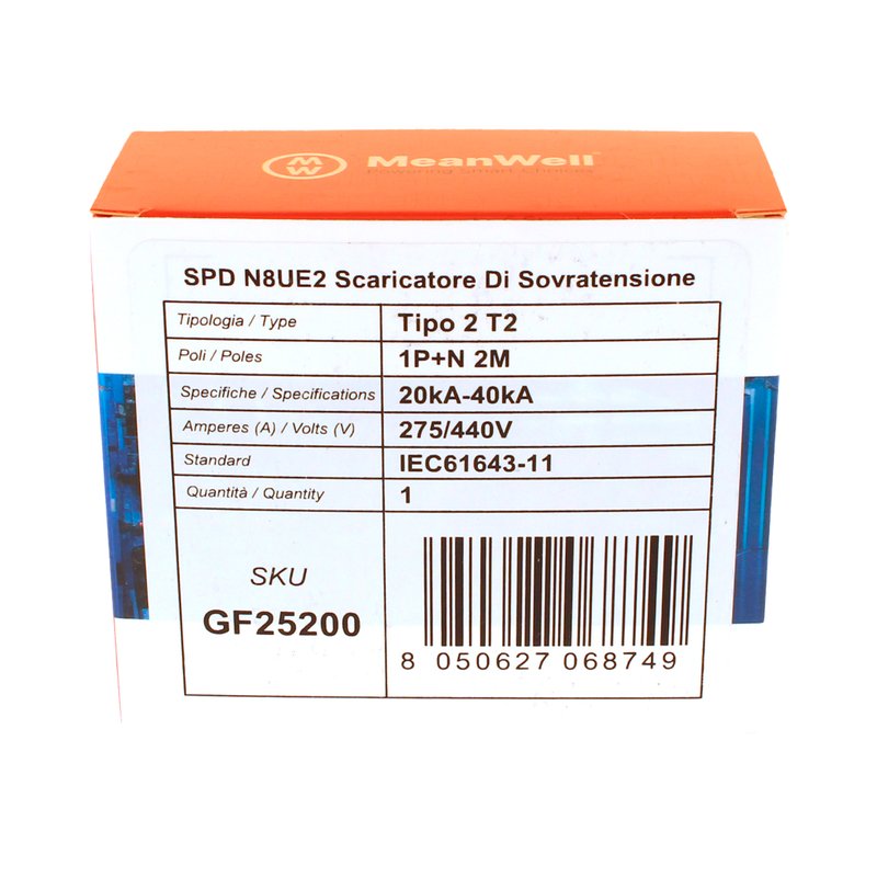 MeanWell SPD Scaricatore Di Sovratensione Modulare, Tipo 2 T2 1P+N 2M 20kA-40kA AC 275V IP20 IEC61643-11
