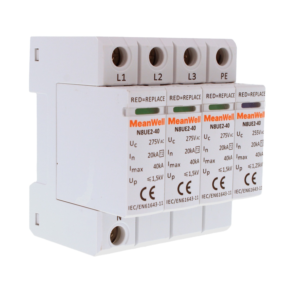 MeanWell SPD Scaricatore Di Sovratensione Modulare, Tipo 2 T2 3P+N 4M 20kA-40kA AC 275V IP20 IEC61643-11