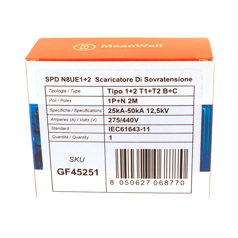 MeanWell SPD Scaricatore Di Sovratensione Tipo 1+2 T1+T2 B+C 1P+N 2M  25kA-50kA 12,5kV AC 275V IP20 IEC61643-11