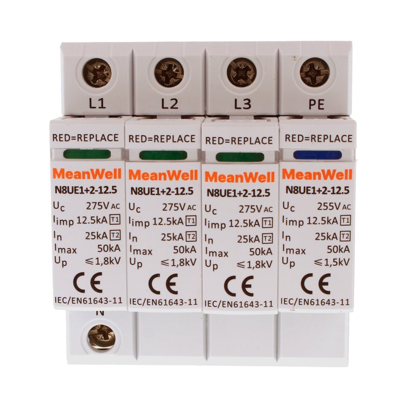 MeanWell SPD Scaricatore Di Sovratensione Tipo 1+2 T1+T2 B+C 3P+N 4M  25kA-50kA 12,5kV AC 275V IP20 IEC61643-11