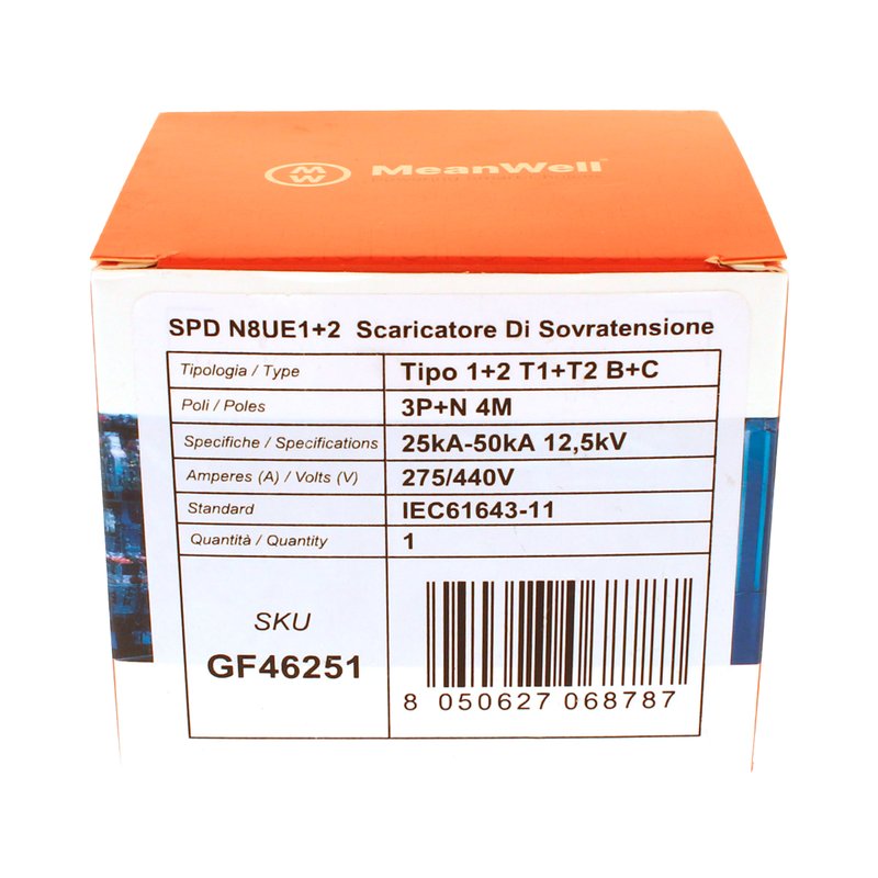 MeanWell SPD Scaricatore Di Sovratensione Tipo 1+2 T1+T2 B+C 3P+N 4M  25kA-50kA 12,5kV AC 275V IP20 IEC61643-11