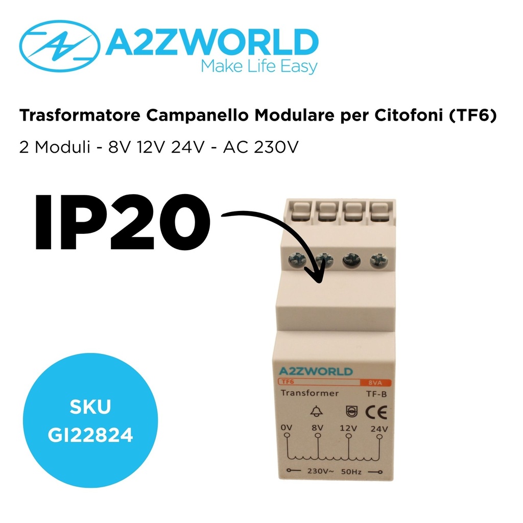 Trasformatore Campanello Modulare Per Citofoni e Videocitofoni 2M 8V 12V 24V AC AC 230V IP20 IEC61588-1 TF6