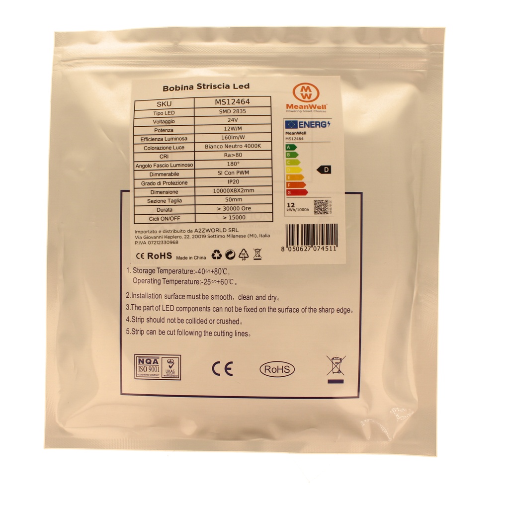 MeanWell Bobina Striscia LED 24V da 10 Metri, 12W/M, Dimmerabile PWM, Tagliabile ogni 5cm, IP20, Efficienza 160lm/W, CRI>80, CE, Larghezza 8mm, 4000K Bianco Neutro