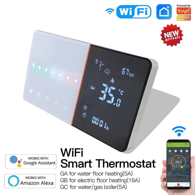 Termostato WIFI Con Meteo Protocollo WIFI 2.4G TUYA, Smart Life Rettagnaolare Compatibile Con Scatola 502 e 503 Riscaldamento Caldaia a Gas Bianco / Nero 5A 95-240V 50/60Hz 1°C 5-45°C 0-45°C <1.5W 131X75X13.6mm IP20