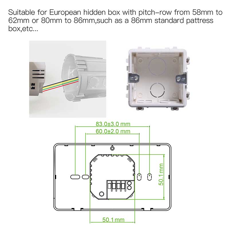 Termostato WIFI Con Meteo Protocollo WIFI 2.4G TUYA, Smart Life Rettagnaolare Compatibile Con Scatola 502 e 503 Riscaldamento Caldaia a Gas Bianco / Nero 5A 95-240V 50/60Hz 1°C 5-45°C 0-45°C <1.5W 131X75X13.6mm IP20