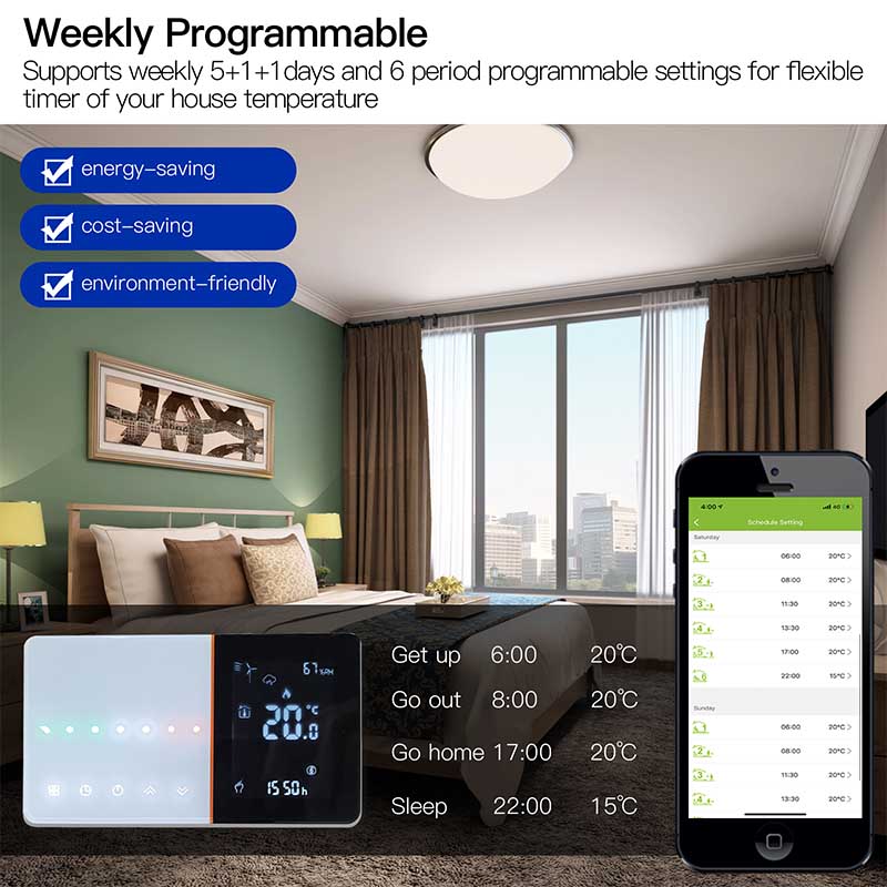 Termostato WIFI Con Meteo Protocollo WIFI 2.4G TUYA, Smart Life Rettagnaolare Compatibile Con Scatola 502 e 503 Riscaldamento Caldaia a Gas Bianco / Nero 5A 95-240V 50/60Hz 1°C 5-45°C 0-45°C <1.5W 131X75X13.6mm IP20