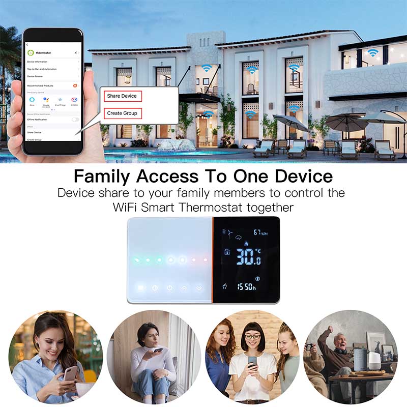 Termostato WIFI Con Meteo Protocollo WIFI 2.4G TUYA, Smart Life Rettagnaolare Compatibile Con Scatola 502 e 503 Riscaldamento Caldaia a Gas Bianco / Nero 5A 95-240V 50/60Hz 1°C 5-45°C 0-45°C <1.5W 131X75X13.6mm IP20