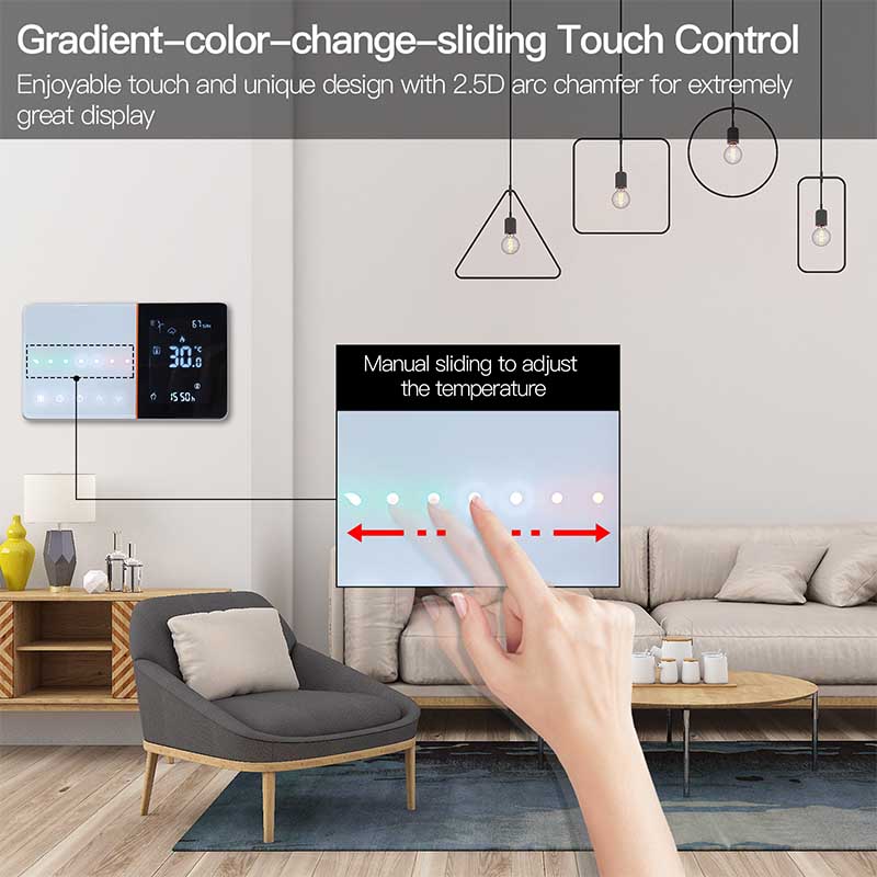 Termostato WIFI Con Meteo Protocollo WIFI 2.4G TUYA, Smart Life Rettagnaolare Compatibile Con Scatola 502 e 503 Riscaldamento Caldaia a Gas Bianco / Nero 5A 95-240V 50/60Hz 1°C 5-45°C 0-45°C <1.5W 131X75X13.6mm IP20