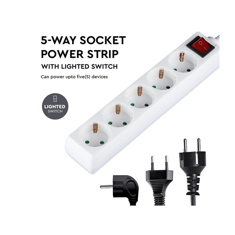 Multipresa Ciabatta Elettrica 5 Posti Schuko Spina Tipo Ibrido F + E Cavo Lunga 1,5 Metri Con Interruttore SKU-8766