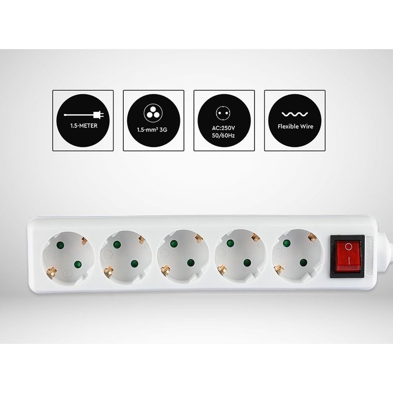 Multipresa Ciabatta Elettrica 5 Posti Schuko Spina Tipo Ibrido F + E Cavo Lunga 1,5 Metri Con Interruttore SKU-8766