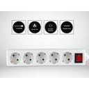 Multipresa Ciabatta Elettrica 5 Posti Schuko Spina Tipo Ibrido F + E Cavo Lunga 1,5 Metri Con Interruttore SKU-8766