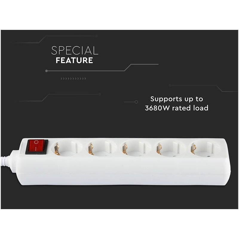 Multipresa Ciabatta Elettrica 5 Posti Schuko Spina Tipo Ibrido F + E Cavo Lunga 1,5 Metri Con Interruttore SKU-8766