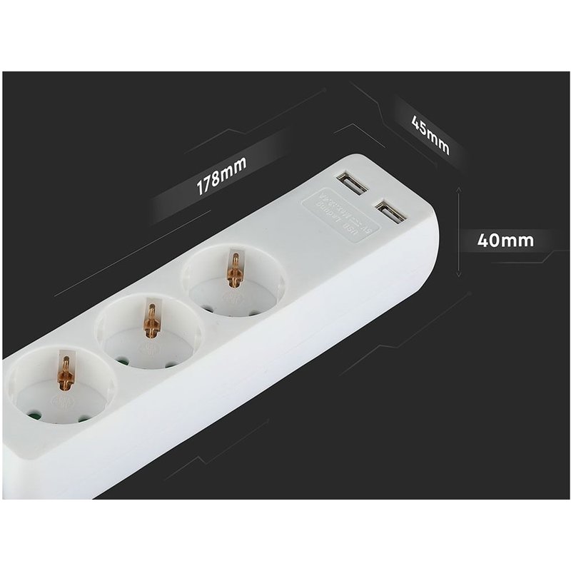 Multipresa Ciabatta Elettrica Con 2 USB e 3 Posti Schuko 10A Cavo Lungo 1,5 Metri Colore Bianco 3X1.5 mmq SKU-8774