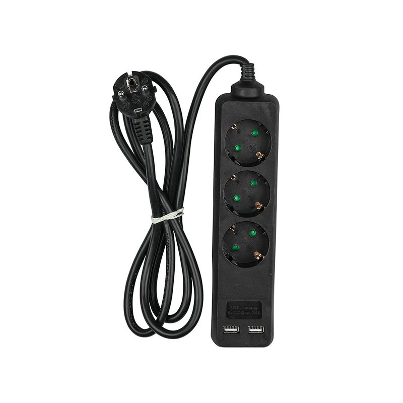 Multipresa Ciabatta Elettrica Con 2 USB e 3 Posti Schuko 10A Cavo Lunga 1,5 Metri Colore Nero 3X1.5 mmq SKU-8776