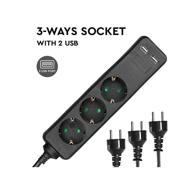 Multipresa Ciabatta Elettrica Con 2 USB e 3 Posti Schuko 10A Cavo Lunga 1,5 Metri Colore Nero 3X1.5 mmq SKU-8776