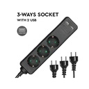 Multipresa Ciabatta Elettrica Con 2 USB e 3 Posti Schuko 10A Cavo Lunga 1,5 Metri Colore Nero 3X1.5 mmq SKU-8776