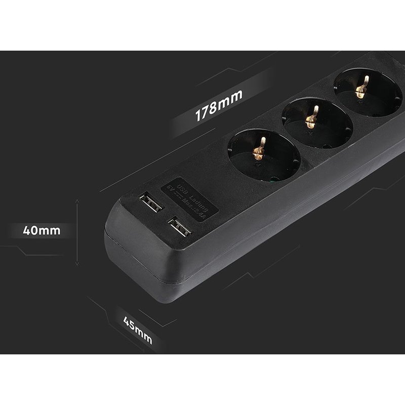Multipresa Ciabatta Elettrica Con 2 USB e 3 Posti Schuko 10A Cavo Lunga 1,5 Metri Colore Nero 3X1.5 mmq SKU-8776