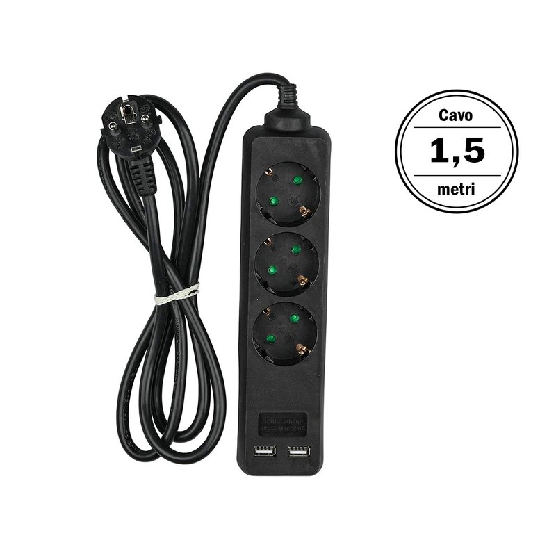 Multipresa Ciabatta Elettrica Con 2 USB e 3 Posti Schuko 10A Cavo Lunga 1,5 Metri Colore Nero 3X1.5 mmq SKU-8776