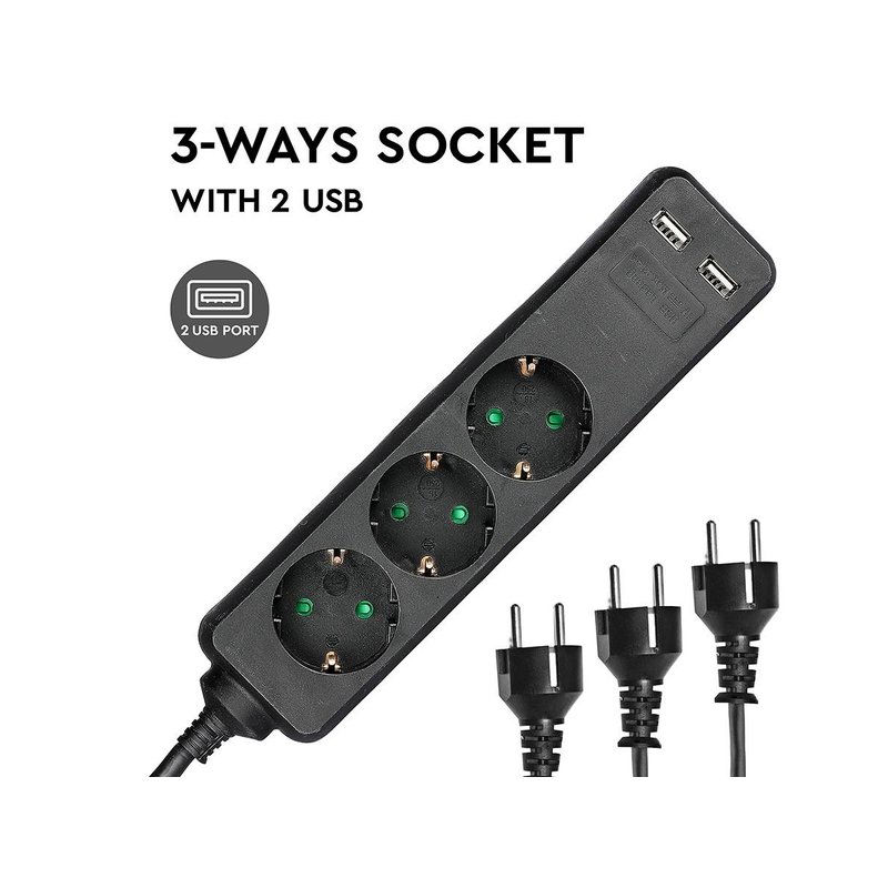 Multipresa Ciabatta Elettrica Con 2 USB e 3 Posti Schuko 10A Cavo Lunga 5 Metri Colore Nero 3X1.5 mmq SKU-8777
