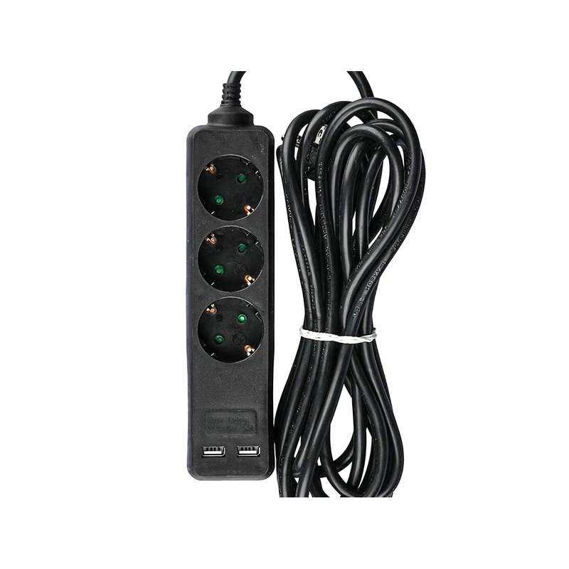 Multipresa Ciabatta Elettrica Con 2 USB e 3 Posti Schuko 10A Cavo Lunga 5 Metri Colore Nero 3X1.5 mmq SKU-8777