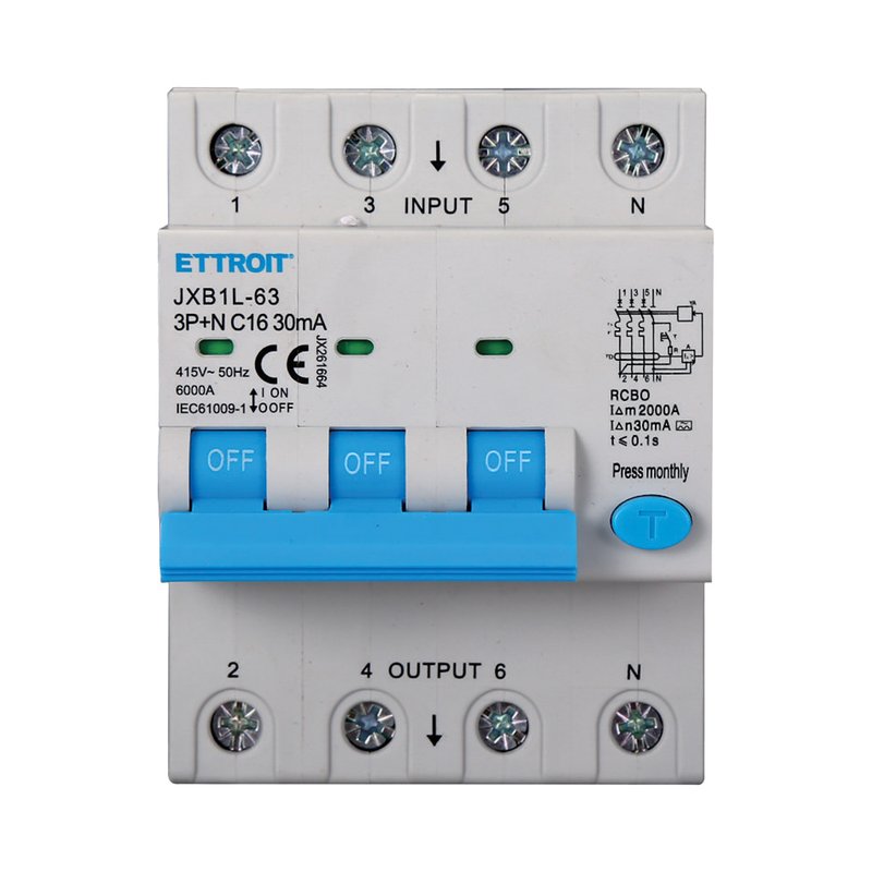 ETTROIT RCBO Interruttore Magnetotermico Differenziale Tipo A Curva C 3P+N 4M 6000A 30mA C16A AC 400V IP20 IEC61009-1