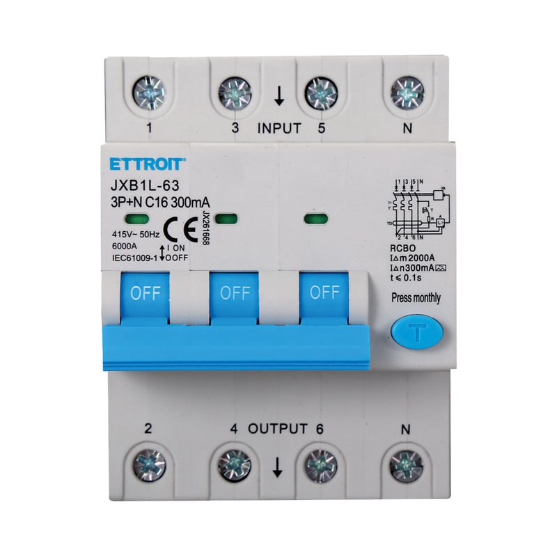 ETTROIT RCBO Interruttore Magnetotermico Differenziale Tipo A Curva C 3P+N 4M 6000A 300mA C16A AC 400V IP20 IEC61009-1